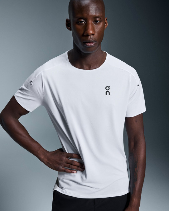 On Running Men's Performance Tee White and Silver close-up view