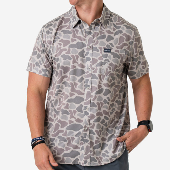 Burlebo Men's Performance Button Up Shirt in Deer Camo, full view