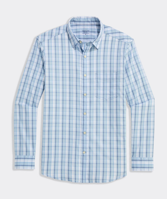 Vineyard Vines Men's Performance Higgs Beach Plaid Sundown Shirt Del Mar Blue flat lay