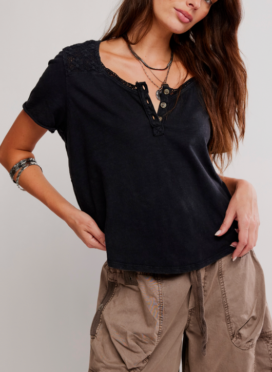 Free People Women's Heirloom Henley Top in Black