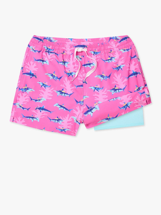 Chubbies Boys' Lined Classic Swim Trunk The Great Pink Sharks side view