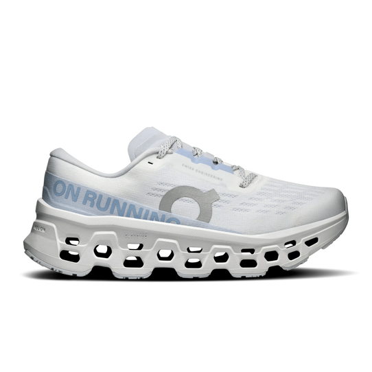 The On Running Women's Cloudmonster 3 Running Shoes in White and Frost