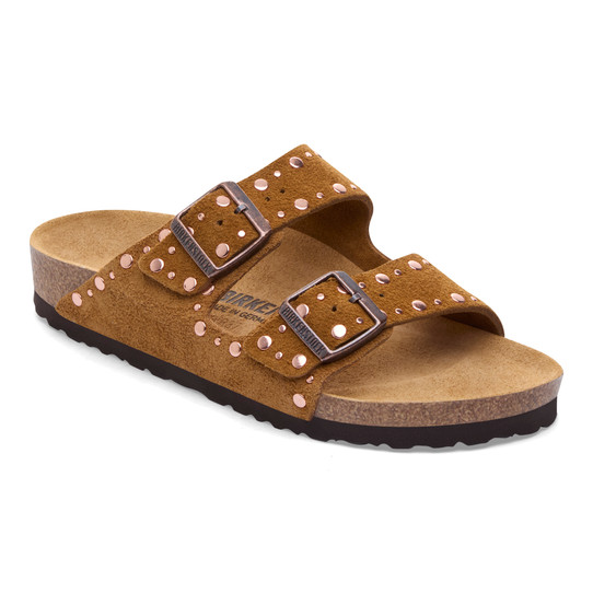The Birkenstock Women's Arizona Rivets Suede Sandals in Mink Brown