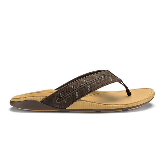 The Olukai Men's Tuahine Palm Sandals in Dark Java and Golden Sand