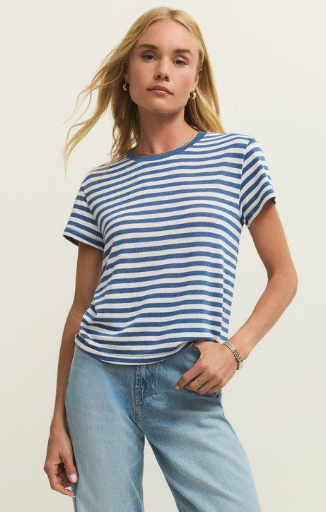 Z Supply Women's Tourist Airy Striped Tee in Calypso Blue front view