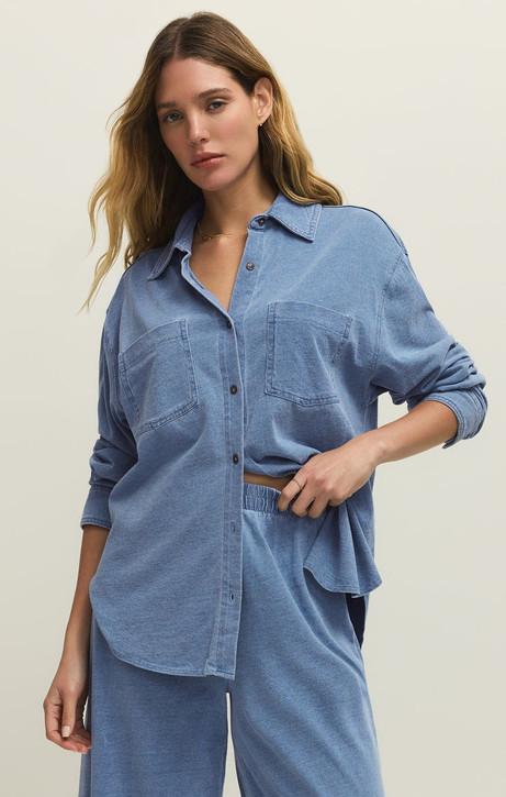Z Supply Women's Reese Jersey Denim Button Up Top