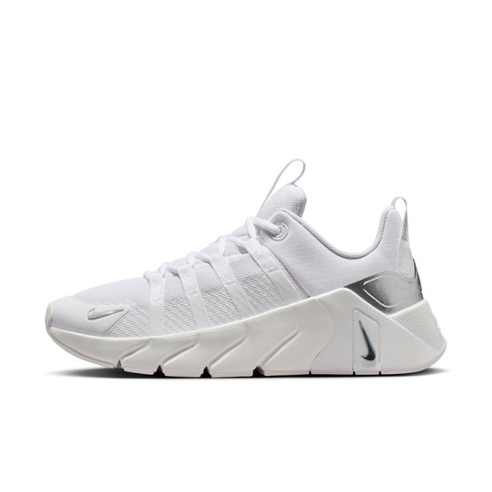 Nike Women's Free Metcon 7 Workout Shoes in White and Metallic Silver lateral view
