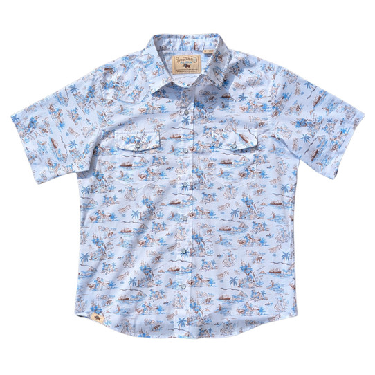 Western Aloha Men's Paniolo Short Sleeve Western Shirt White and Blue full body view