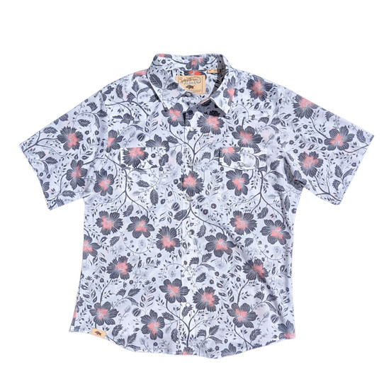 Western Aloha Men's Folk Hibiscus Short Sleeve Western Shirt in White detail view