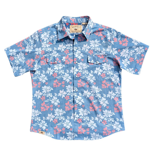 Western Aloha Tahitian Pareu Short Sleeve Western Shirt in Red, White, and Blue flat lay