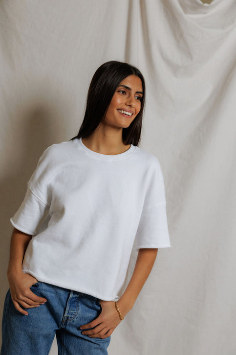 perfectwhitetee Women's Ezra Niall Short Sleeve Fleece Tee lay flat view