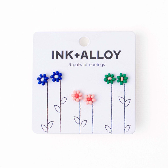 The Ink & Alloy Tina Flower Beaded Trio Earring Set in Lapis, Pink and Kelly Green