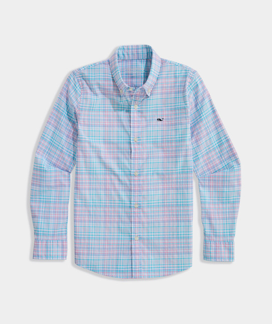 Vineyard Vines Boys' Performance Parrotfish Plaid Featherweight Shirt in Bahama Breeze back view