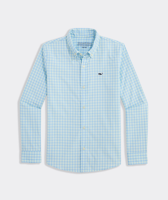 The Vineyard Vines Boys' Lemon Shark Gingham Featherweight Performance Shirt in Aqua Glass