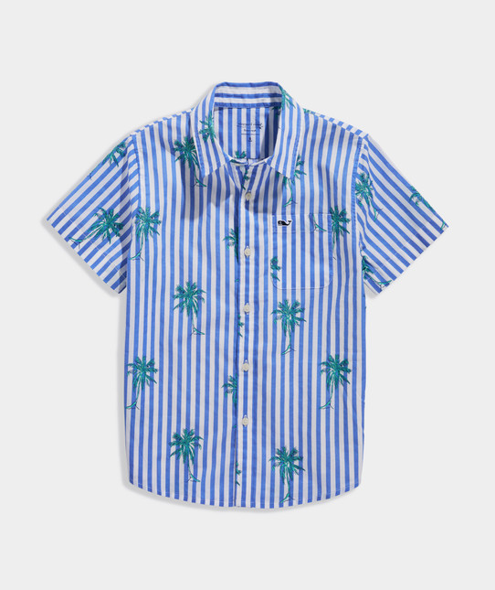 The Vineyard Vines Boys' Printed Cotton Short Sleeve Shirt in Breaker Blue