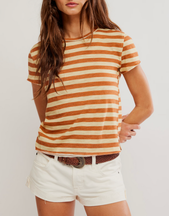 Free People Women's Nora Striped Cotton Tee in Mocha Combo