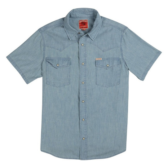 Sendero Provisions Co. Men's The Wyatt Pearl Snap Shirt in Washed Indigo Chambray flat lay