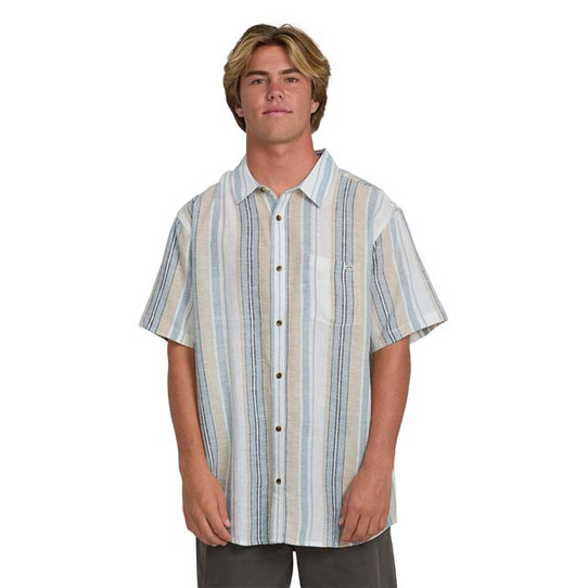 The Billabong Men's All Day Stripe Short Sleeve Shirt in Blue and White