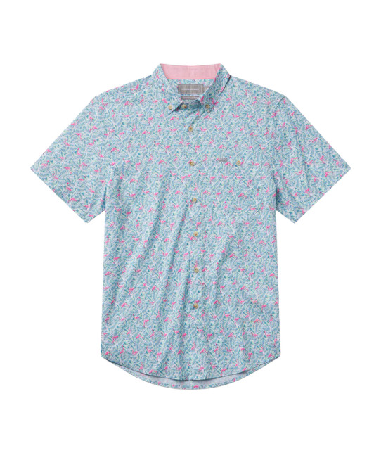 Southern Shirt Men's Lets Flamingle Baja Shirt in pink and white stripes