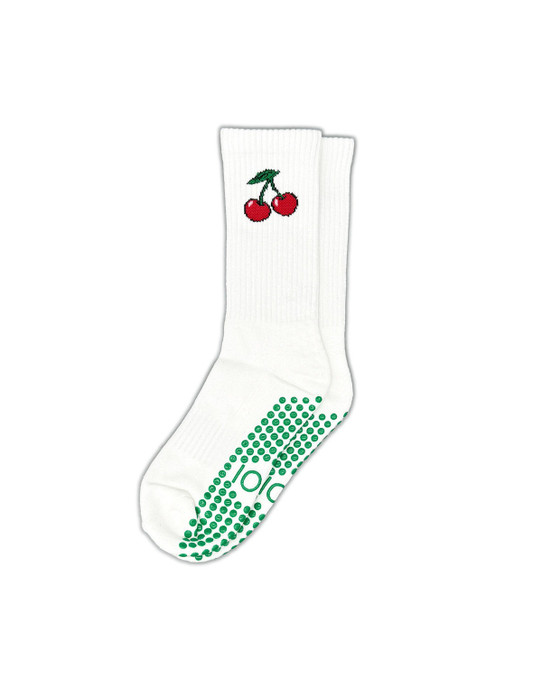 ZOĪ Cherry Crew Grip Socks in White/Red/Green