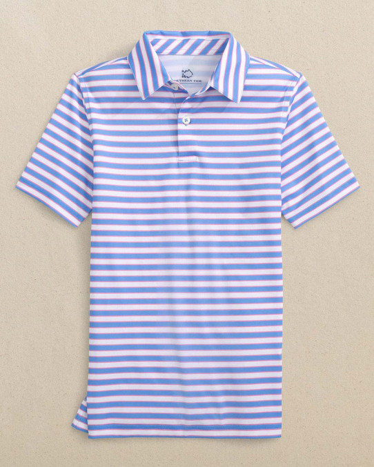 Southern Tide Boys' Driver Waterway Stripe Performance Polo in Ocean Channel