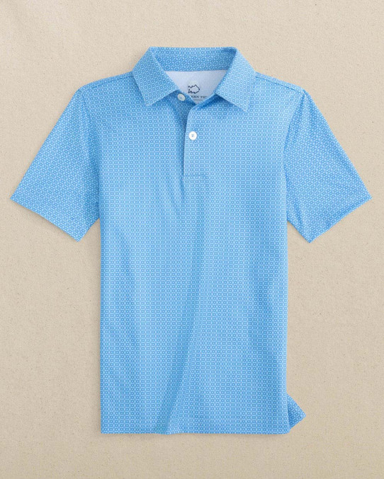 Southern Tide Boys' Driver Seaside Geo Printed Performance Polo in Blue Stream