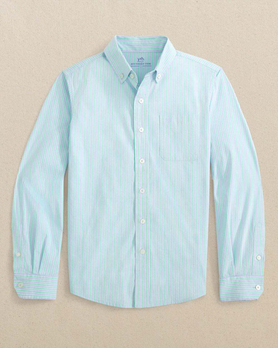 Southern Tide Boys' Amelia Island Stripe Charleston Long Sleeve Button Down Shirt in Ocean Channel