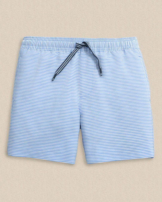 Southern Tide Boys' Gulf Haven Seersucker Stripe Maritime Swim Trunks in Blue Stream