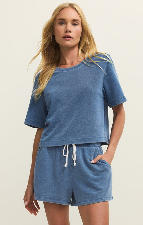 Z Supply Women's Curran Knit Denim Top in Calypso Blue Indigo front view
