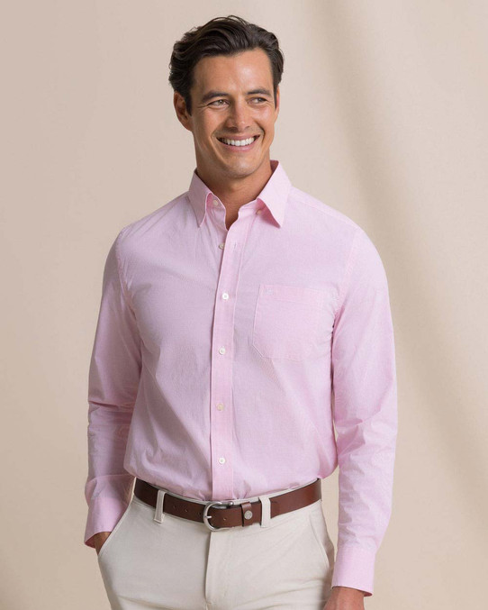 Southern Tide Men's Screen Porch Plaid Charleston Sport Shirt in Sea Pink button detail