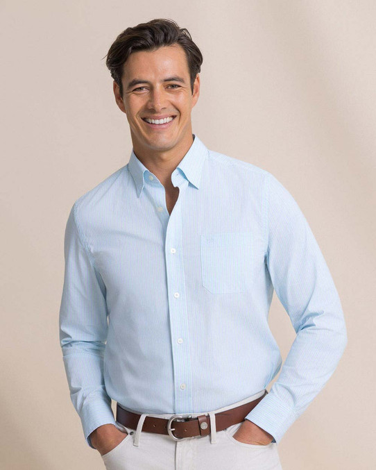 Southern Tide Men's Amelia Island Stripe Charleston Sport Shirt in Ocean Channel