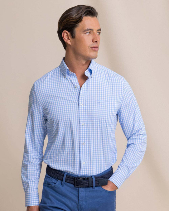 Southern Tide Men's Nassau Gingham Sport Shirt in Ocean Channel back view