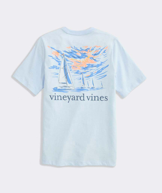 Vineyard Vines Boys' Sunset Regatta Scene Short-Sleeve Pocket Tee in Rocks Blue