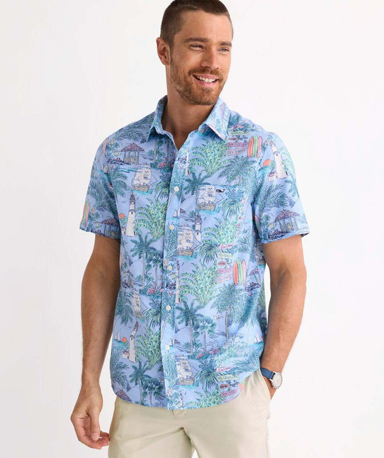 Vineyard Vines Men's Keys To Escape Cotton Short-Sleeve Shirt in Serenity Blue