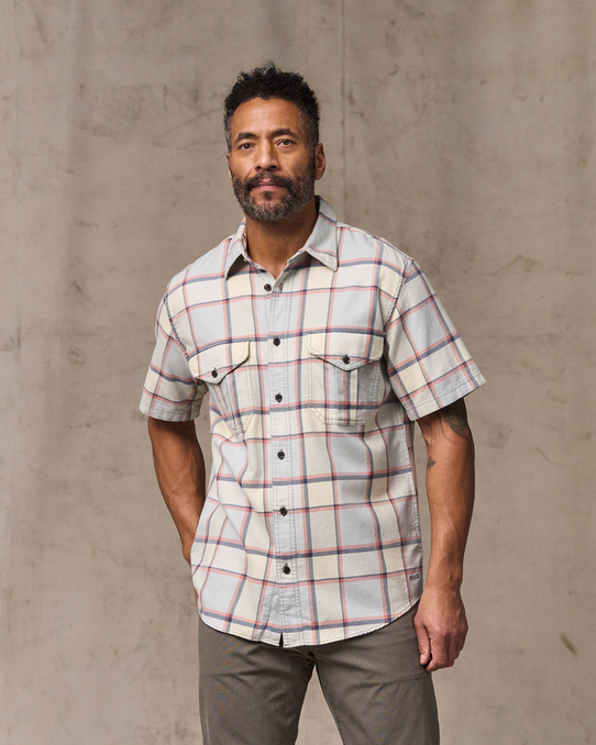 The Filson Men's Lightweight Alaskan Guide Shirt in Light Blue and Tan Plaid