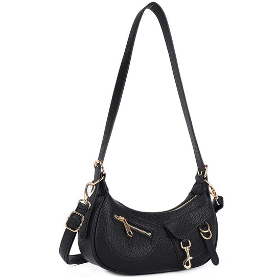 Vegan Leather Zipper Shoulder Bag in Black