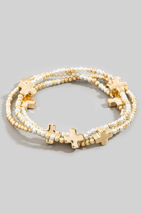 Fame Accessories Mini Cross Charms and Metallic Beads Bracelet Set Gold/Silver