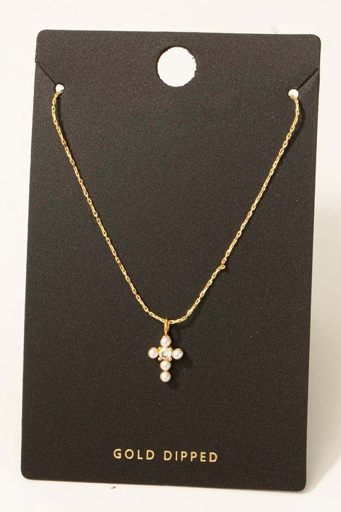 Gold Dipped And Pearl Cross Pendant Necklace