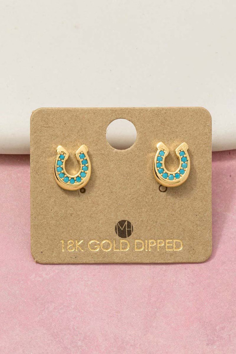 Gold Dipped Western Horse Shoe Stud Earrings in Gold/Turquoise