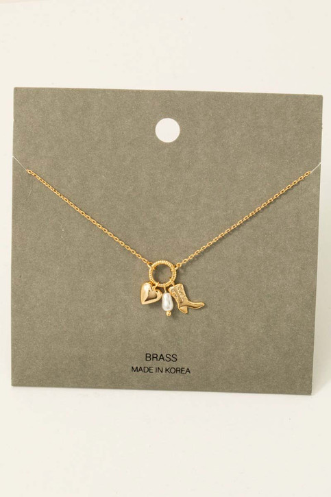 Western Cowboy Boot Heart Pearl Charms Chain Necklace