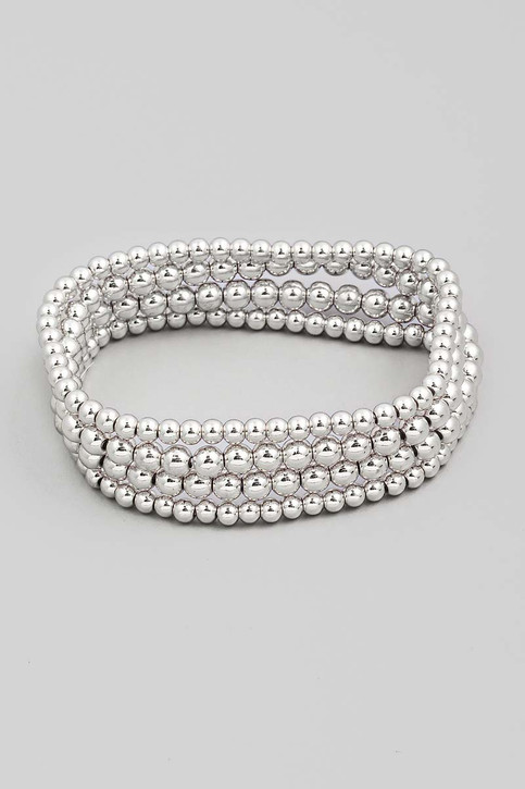 Fame Accessories Four Row Beaded Stretch Bracelet Set in Silver