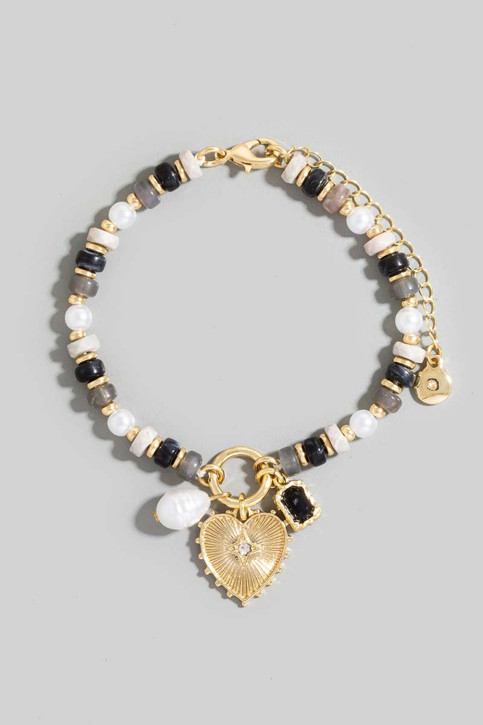 Pearl And Heart Pendants Acetate Beaded Bracelet