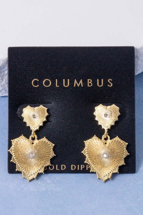 Gold Dipped Double Heart Stud Dangle Earrings