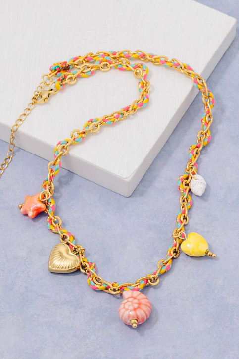 Stainless Steel Sea Life And Heart Charms Braided Necklace