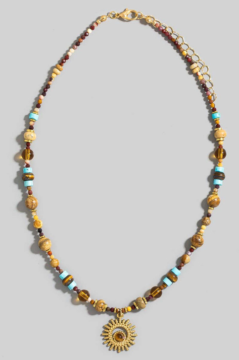 Assorted Beads Circle Sunburst Pendant Necklace