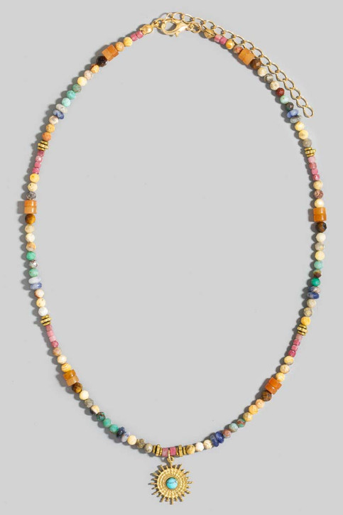 Turquoise Stud Sun Pendant Mixed Beaded Necklace