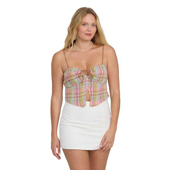 The Billabong Women's Sweet Check Woven Tank Top in Party Pink