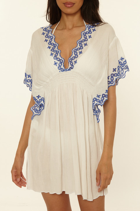 The Becca Women's Barbados N-Neck Tunic in White and Lapis