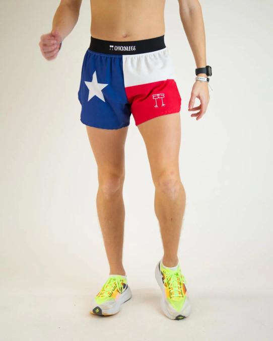 ChicknLegs Men's Texas Flag 4 Inch Half Split Running Shorts flat lay