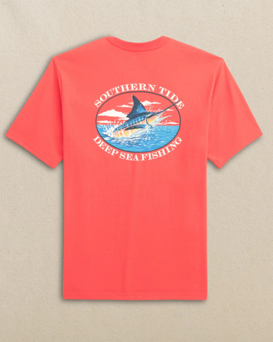 Southern Tide Men's Marlin Deep Sea Fishing Tee Sunset Coral detail